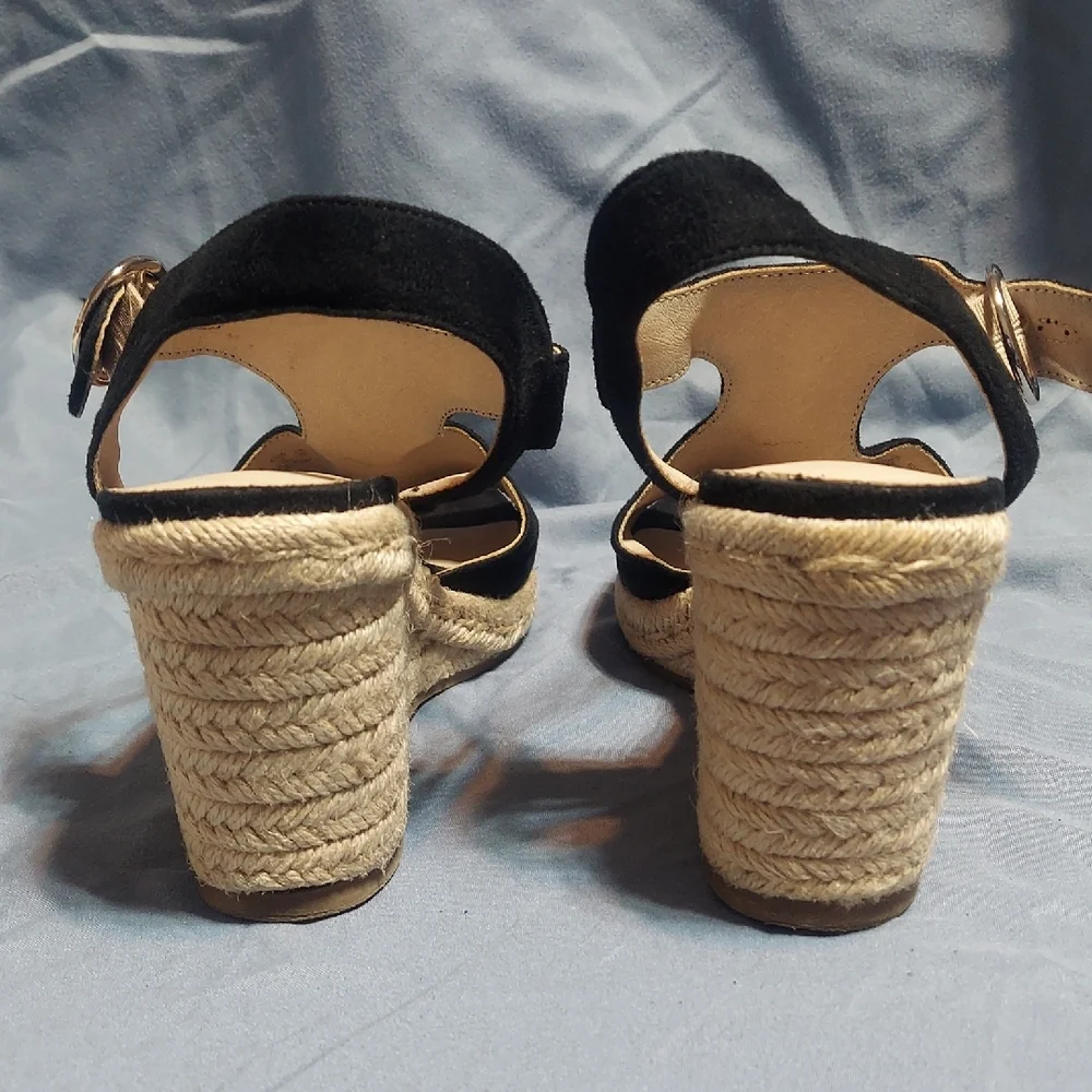 LifeStride Black Faux Suede Espadrille Wedge Sandals Open Toe Ankle Strap Size 8